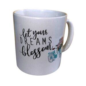 Ceramic White Mug With "Let Your Dreams Blossom" Quote & Floral Bicycle Design